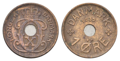 Дания 1 эре 1939 N, Кристиан X (1912-1947) KM 826 бронза 4701-623