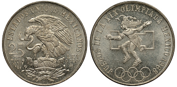 Мексика 25 песо 1968 XIX летние Олимпийские игры в Мехико 1968 года, игра в мяч, тип 1 KM 479.1 серебро aUNC 1518-1511