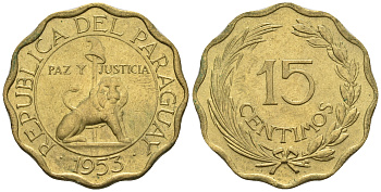 Парагвай 15 сентимо 1953 лев, фригийский колпак на шесте KM 26 алюминиевая бронза  aUNC  4177-557
