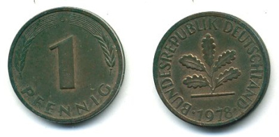 ФРГ 1 пфенниг 1978 J KM 105, J.380 сталь плакированная медью 3999-1158