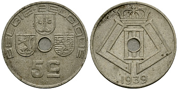 Бельгия 5 сантимов 1939 Belgie - Belgique KM 111 никель латунь 4173-632