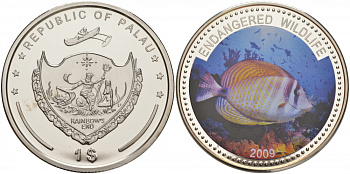 Палау 1 доллар 2009 серия вымирающие виды, рыба зебрасома (Zebrasoma veliferum), цветная эмаль KM 285 медно-никель PROOF M39-20