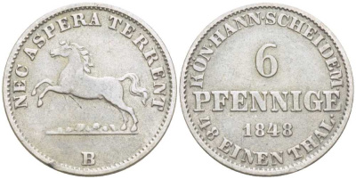 Ганновер 6 пфеннигов 1848 В, Эрнст Август (1837-1851) KM 205, AKS 120, Jaeger 76 серебро 206-325