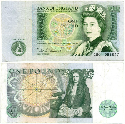 Англия 1 фунт ND (1978-1984) сэр Исаак Ньютон, черная подпись D.H.F. Somerset Pick 377 b бумага 7218-24-1