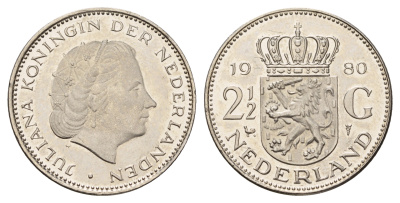 Нидерланды 2 1/2 гульдена 1980 Юлиана (1948-1980) KM 191 никель UNC 4683-925