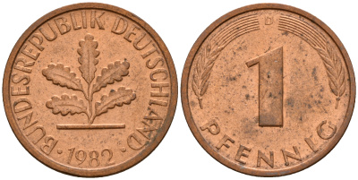 ФРГ 1 пфенниг 1982 D KM 105, J. 380 сталь плакированная медью    4598-621