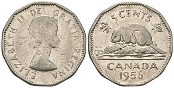 Канада 5 центов 1956 Елизавета II (1952-2022), бобер KM 50a никель 4364-3123