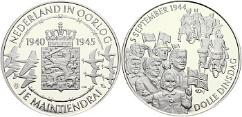 Нидерланды медаль ND Голландия в войне 1940-1945, сумасшедший вторник 5 сентября 1944 года, 31,3 гр, 45,0 мм  серебро  PROOF  1066-3-42