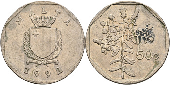 Мальта 50 центов 1992 девясил KM 98 медно-никель 213-625