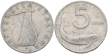 Италия 5 лир 1953 R, дельфин, плуг KM 92 алюминий 4567-343