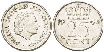 НИДЕРЛАНДЫ 25 ЦЕНТОВ 1964 ЮЛИАНА (1948-1980) KM 183 никель 214-938