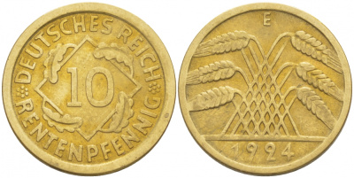 ГЕРМАНИЯ 10 РЕНТЕНПФЕННИГОВ 1924 E KM 33, J. 309, Weege 8 алюминиевая бронза 3996-1164