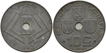 Бельгия 10 сантимов 1943 Belgie - Belgique, Леопольд III (1934-1947), германская оккупация, Вторая мировая война KM 126 цинк 4161-342