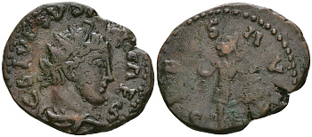 Римская Империя, императоры в Галлии антониниан 271 - 274 Тетрик II в ранге цезаря, C PIV ESV TETRICVS CAES, бюст цезаря / SPES AVGG, Спея, персонификация Мира, Августа Треверов RIC 270 биллон 1073-19-57