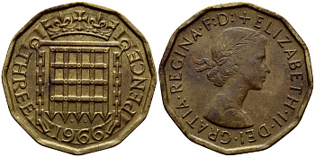 Великобритания 3 пенса 1966 Елизавета II (1952-2022) KM 900, Spink 4153 никель латунь 4393-1256
