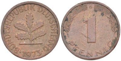ФРГ 1 ПФЕННИГ 1973 G KM 105, J. 380 сталь плакированная медью 4181-566