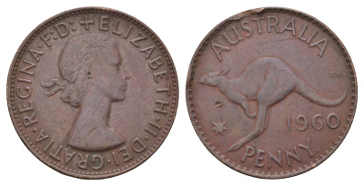 Австралия 1 пенни 1960 Елизавета II (1952-2022), кенгуру KM 56 бронза 4672-233