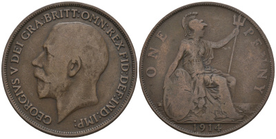 Великобритания 1 пенни 1914 Георг V (1910-1936) KM 810, Spink 4051 бронза 4607-1211