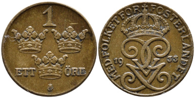 Швеция 1 эре 1933 Густав V (1907-1950) KM 777.2 бронза 4387-1212