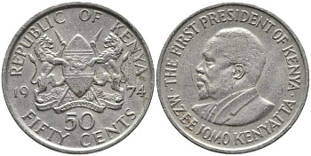 Кения 50 центов 1974 Джомо Кениата KM 13 медно-никель 110-616