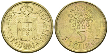 Португалия 5 эскудо 1988 KM 632 никель латунь 4148-437