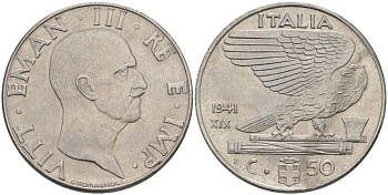 ИТАЛИЯ 50 ЧЕНТЕЗИМО 1941 R, ГОД XIX, ВИКТОР ЭММАНУИЛ III (1900-1946) KM 76b, VEM3. 1063 нержавеющая сталь 3853-347