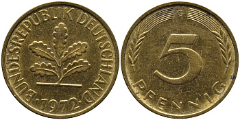 ФРГ 5 ПФЕННИГОВ 1972 G KM 107, J.382 сталь плакированная латунью 4178-254