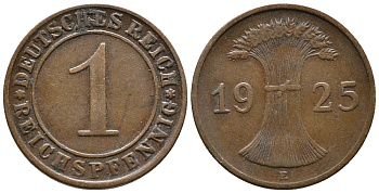 ГЕРМАНИЯ 1 РЕЙХСПФЕННИГ 1925 E KM 37, J. 313 бронза 39-866