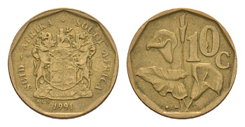 ЮАР 10 центов 1990 герб, цветок алоэ KM 135 сталь плакированная бронзой 4596-167