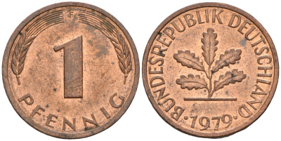 ФРГ 1 пфенниг 1979 F KM 105, J.380 сталь плакированная медью 3309-915