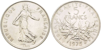 ФРАНЦИЯ 5 ФРАНКОВ 1975 СЕЯТЕЛЬ KM 926a.1, LE FRANC 341.7 медно-никель плакированный никелем 4521-324