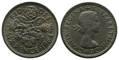 Великобритания 6 пенсов 1964 Елизавета II (1952-2022) KM 903, Spink 4149 медно-никель 4381-818