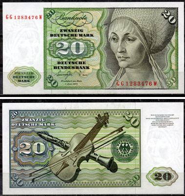 ФРГ 20 марок 1977 Эльсбет Тухер (Альбрехт Дюрер), скрипка, кларнет Pick 32 b  бумага  aUNC 451-918-2