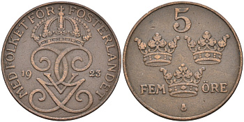 Швеция 5 эре 1923 Густав V (1907-1950) KM 779.2 бронза 4557-611