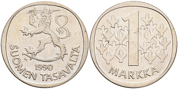 ФИНЛЯНДИЯ 1 МАРКА 1990 M KM 49а медно-никель UNC 4556-836