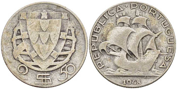 ПОРТУГАЛИЯ 2,5 ЭСКУДО 1948 ПАРУСНИК KM 580 серебро 1521-1241