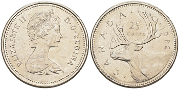 Канада 25 центов 1982 Елизавета II (1952-2022), олень карибу, второй портрет в короне KM 74 никель 190-457