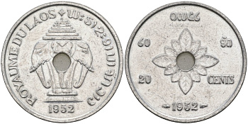 Лаос 20 центов 1952 король Сисаванг Вонг (1904-1959), слоны KM 5 алюминий 4572-314