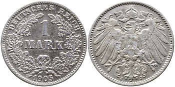 Германия 1 марка 1905 J Weege 18, J. 17, KM 14 серебро 179-926