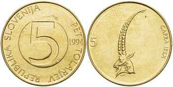 СЛОВЕНИЯ 5 ТОЛАРОВ 1994 АЛЬПИЙСКИЙ КОЗЁЛ KM 6 латунь 210-745