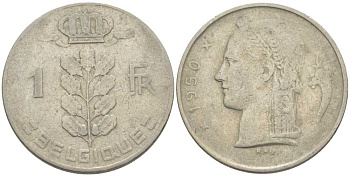 БЕЛЬГИЯ 1 ФРАНК 1950 BELGIQUE, ЛЕОПОЛЬД III (1934-1950) KM 142.1 медно-никель 119-432