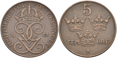 Швеция 5 эре 1923 Густав V (1907-1950) KM 779.2 бронза 4557-611