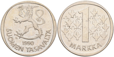 ФИНЛЯНДИЯ 1 МАРКА 1990 M KM 49а медно-никель UNC 4556-836
