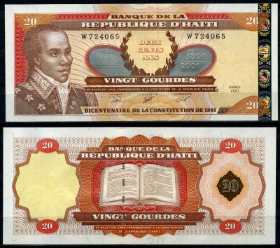 Гаити 20 гурд 2001 Лидер революции на Гаити Франсуа-Доминик Туссен Овертур (20 мая 1743 - 8 апреля 1803) Pick 271 A бумага UNC (пресс) 447-29-3