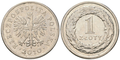 Польша 1 злотый 2010 MW, самый редкий год выпуска - 3.000.000 Y 282 медно-никель aUNC 4617-1215