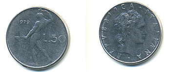 ИТАЛИЯ 50 ЛИР 1979 R, КУЗНЕЦ KM 95.1 нержавеющая сталь 89-716