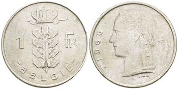 БЕЛЬГИЯ 1 ФРАНК 1966 BELGIE, БОДУЭН I (1951-1993) KM 143.1 медно-никель 213-335