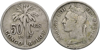 Бельгийское Конго 50 сантимов 1927 пальма KM 22 медно-никель 27-1141