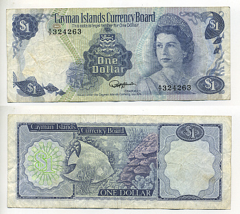 Каймановы острова 1 доллар 1985 Елизавета II (1952-), рыбка, серия А/7 Pick 5f бумага 7548-40-3