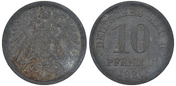 ГЕРМАНИЯ 10 ПФЕННИГОВ 1920 KM 26, J. 299 цинк 45-1261